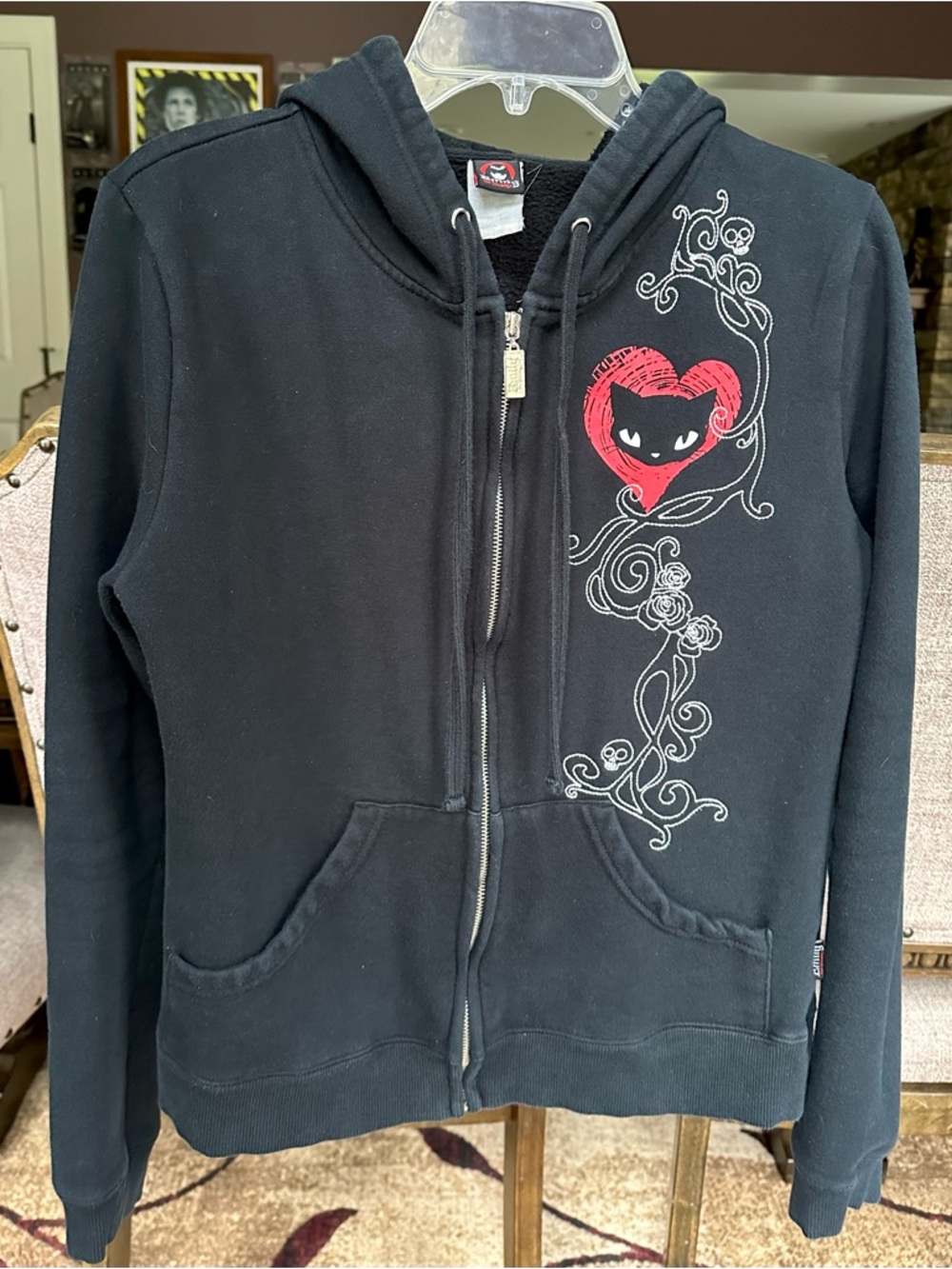 Vintage 2000s Emily the Strange Black Zip-Up Hoodie with Red Heart Cat Graphic